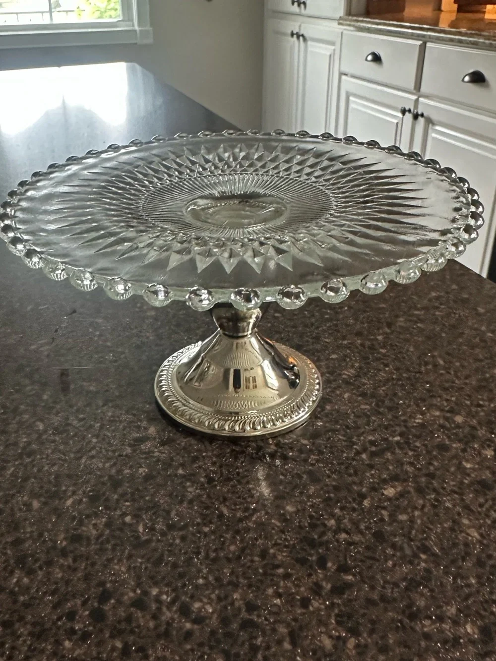Mini Glass and Nickel Silver Pedestal Cake or dessert Stand - Clear Glass Top.
